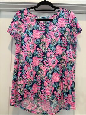 Lilly Pulitzer Pink Floral Short Sleeve Tee with Navy & Green Accents